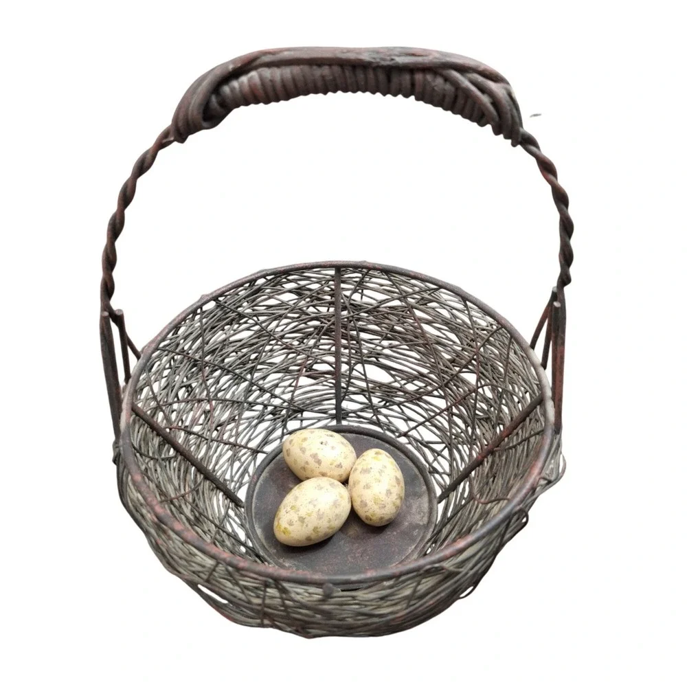 Vintage Rustic Woven Metal Wire Bird Nest Basket with 3 Speckled Eggs Farm Decor